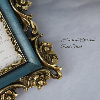 Sunlit Vintage Picture Frame 4x6 Inch, Luxury Antique Photo Frames with Glass Front, Photo Display, Tabletop Wall Hanging, Gift Ideas, Retro Blue and Gold