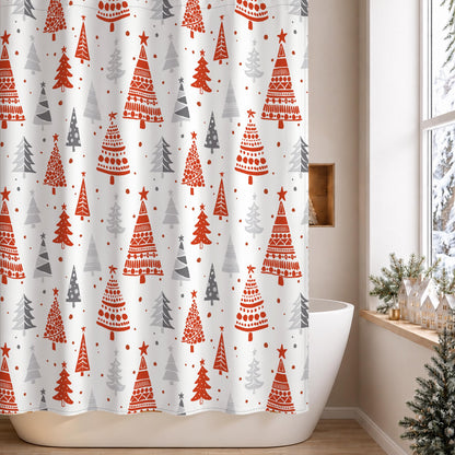 Sunlit Christmas Shower Curtain, Blue and Gray Xmas Trees with Stars and Snow Pattern Shower Curtains for Bathroom Decor, Winter Snowflake Pine Tree Bathroom Curtains, 71x71 Inch