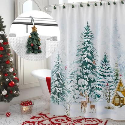 Sunlit Christmas Tree Decorative Shower Curtain Hooks with Star, Green Shower Curtain Rings, Resin, Xmas Theme Winter Holiday Bathroom Decoration, Set of 12