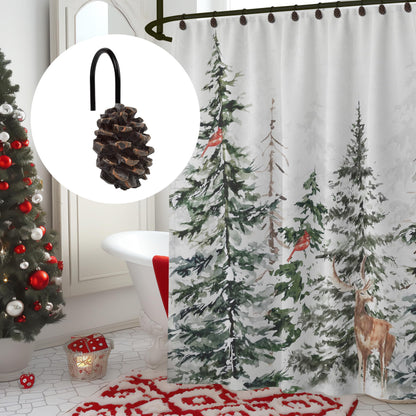 Sunlit Snowy Pinecone Shower Curtain Hooks Set of 12, Snow-Tipped Pine Cone Curtain Rings for Christmas Winter Bathroom Decor, Rustic Decorative Resin Bath Accessories