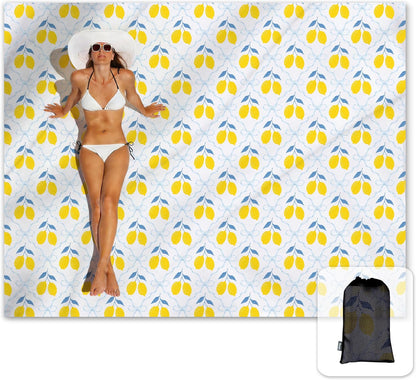 Sunlit Large Beach Blanket Waterproof Sand Proof, 81" x106" Sand Free Mat with Corner Pockets and Storage Bag, for Travel Beach Camping Outdoor Festival, Chic Summer Accent Lemon Lattice