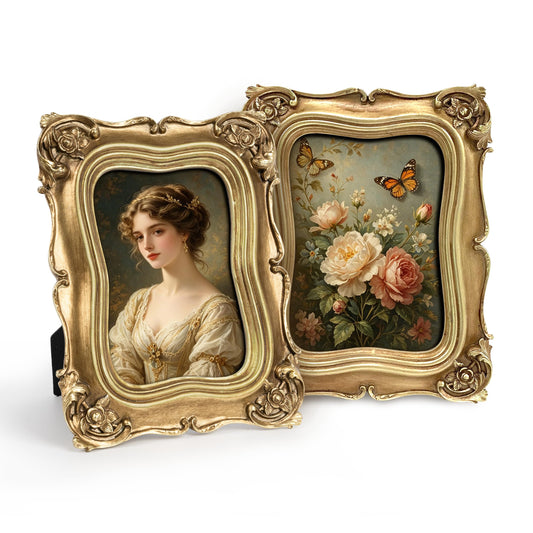 Sunlit Vintage Picture Frame 5x7 Inch Set of 2, Luxury Antique Photo Frames with Glass Front, Photo Display, Tabletop Wall Hanging, Gold