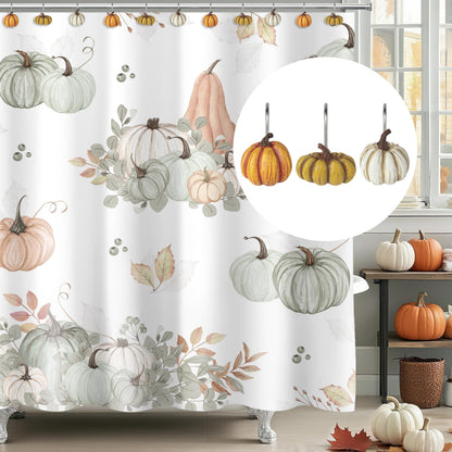 Sunlit Fall Pumpkin Decorative Shower Curtain Hooks, Autumn Harvest Festival Shower Curtain Rings, Resin Farmhouse Bathroom Curtain Hangers Decoration, Set of 12, Orange Blue White
