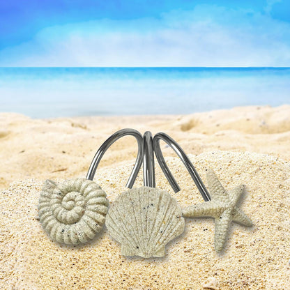 Sunlit Seashells Starfish Conch Decorative Shower Curtain Hooks, Natural Sand and Stone Ocean Creatures Coastal Shower Curtain Rings, Nautical Bathroom Decoration Beach Shower Curtain Hooks-12 Pack