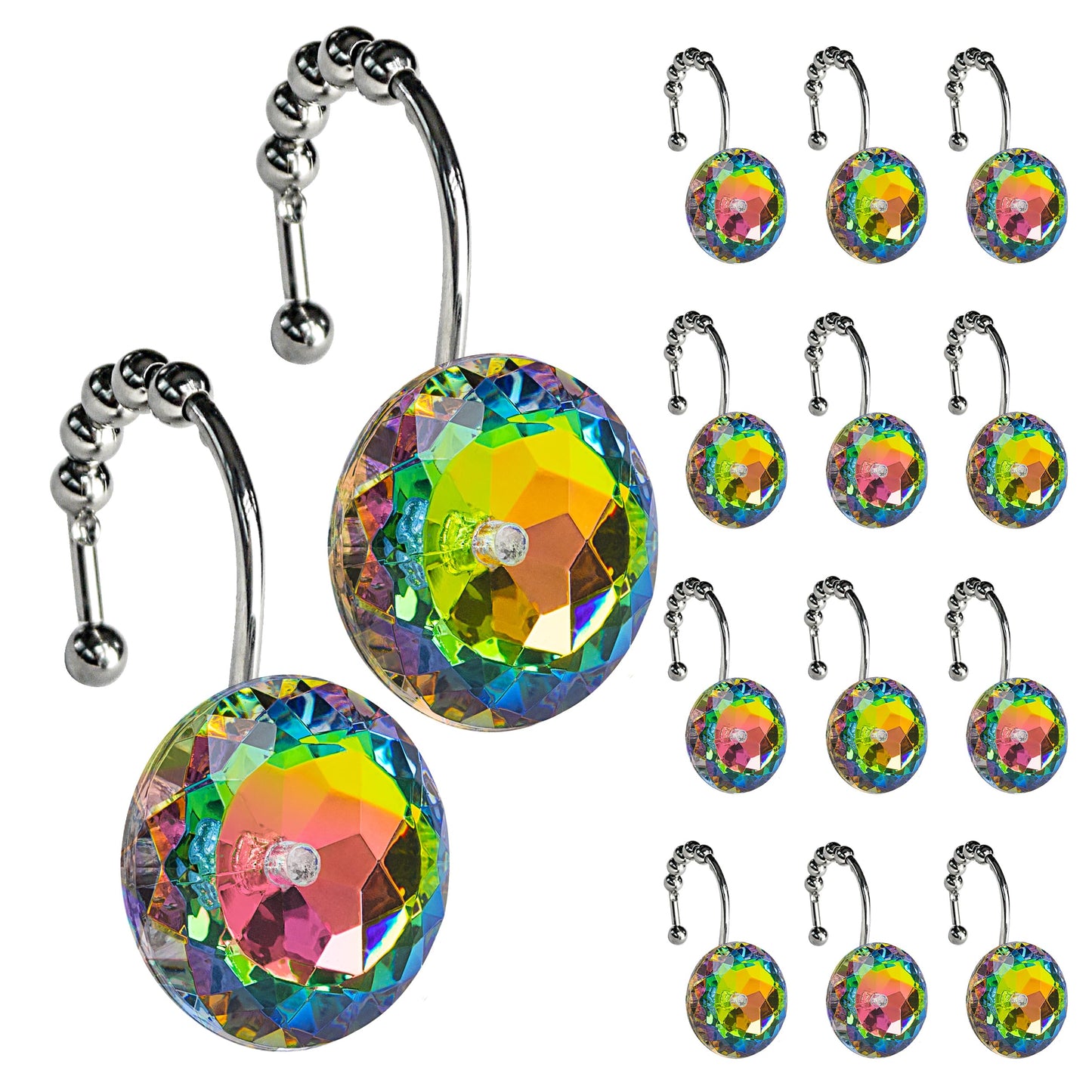 Sunlit Round Rhinestone Shower Curtain Hooks with Glide Balls, 12 Pack