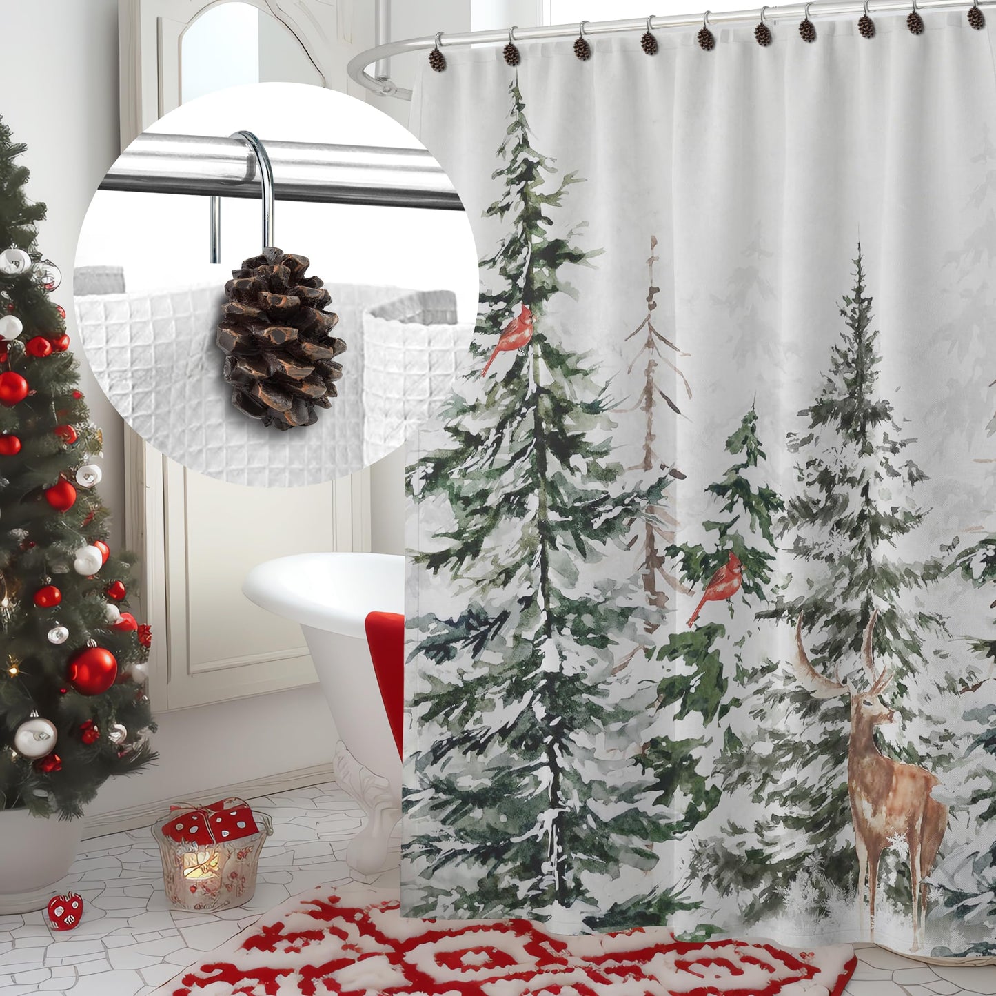Sunlit Snowy Pinecone Shower Curtain Hooks Set of 12, Snow-Tipped Pine Cone Curtain Rings for Christmas Winter Bathroom Decor, Rustic Decorative Resin Bath Accessories