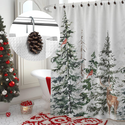 Sunlit Snowy Pinecone Shower Curtain Hooks Set of 12, Snow-Tipped Pine Cone Curtain Rings for Christmas Winter Bathroom Decor, Rustic Decorative Resin Bath Accessories