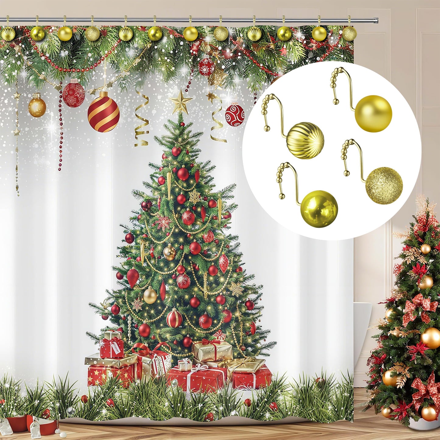 Sunlit Christmas Balls Decorative Shower Curtain Hooks, Shower Curtain Rings with Roller Balls, Xmas Theme Winter Holiday Bathroom Decoration, Set of 12, Red