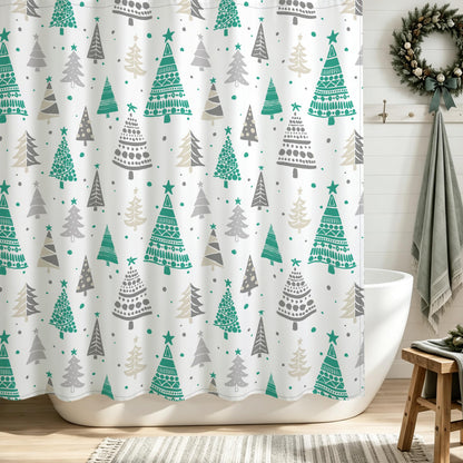 Sunlit Christmas Shower Curtain, Blue and Gray Xmas Trees with Stars and Snow Pattern Shower Curtains for Bathroom Decor, Winter Snowflake Pine Tree Bathroom Curtains, 71x71 Inch