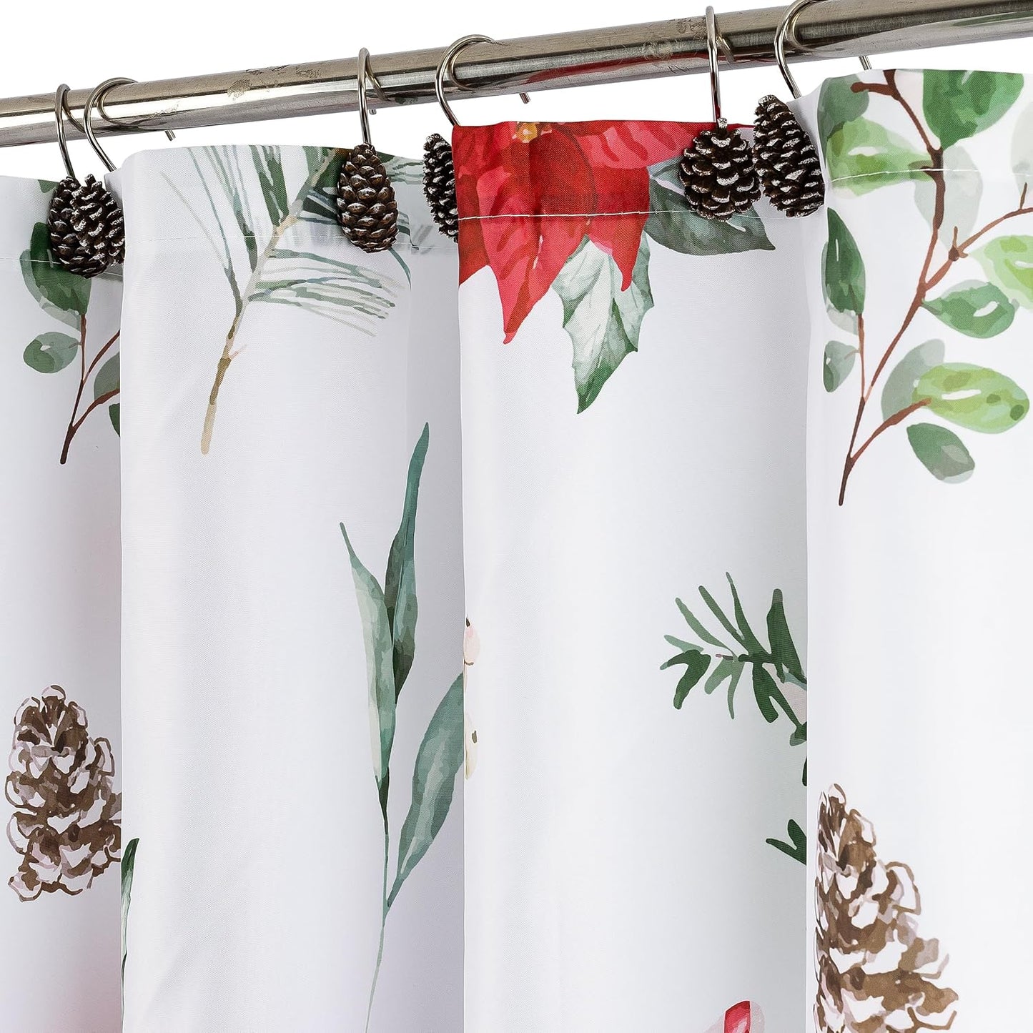 Sunlit Christmas Shower Curtain, Festive Poinsettia and Pine Botanical Holiday Print with Candy Cane Accents, Winter Farmhouse Bathroom Decor, 72" x 72"