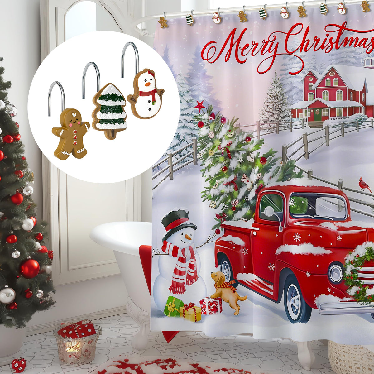 Sunlit Christmas Tree Snowman Decorative Shower Curtain Hooks, Green White Shower Curtain Rings, Resin, Xmas Theme Winter Holiday Bathroom Decoration, Set of 12