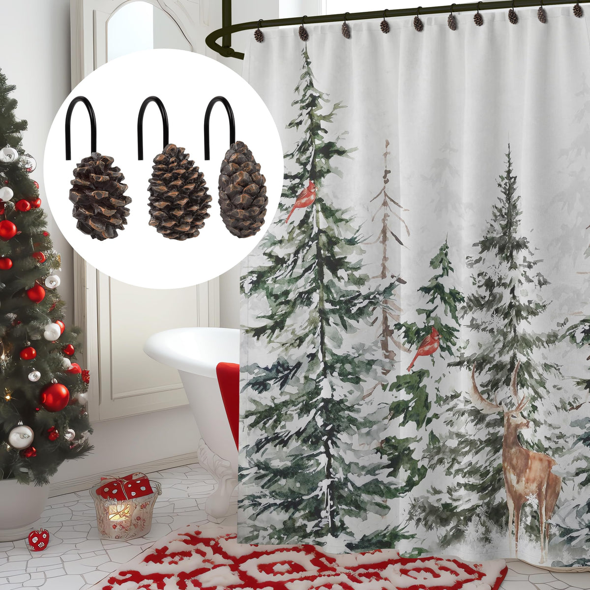 Sunlit Snowy Pinecone Shower Curtain Hooks Set of 12, Snow-Tipped Pine Cone Curtain Rings for Christmas Winter Bathroom Decor, Rustic Decorative Resin Bath Accessories