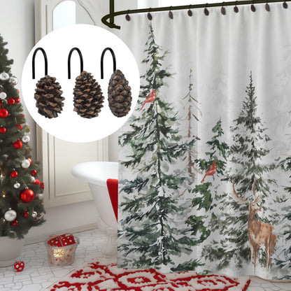 Sunlit Snowy Pinecone Shower Curtain Hooks Set of 12, Snow-Tipped Pine Cone Curtain Rings for Christmas Winter Bathroom Decor, Rustic Decorative Resin Bath Accessories