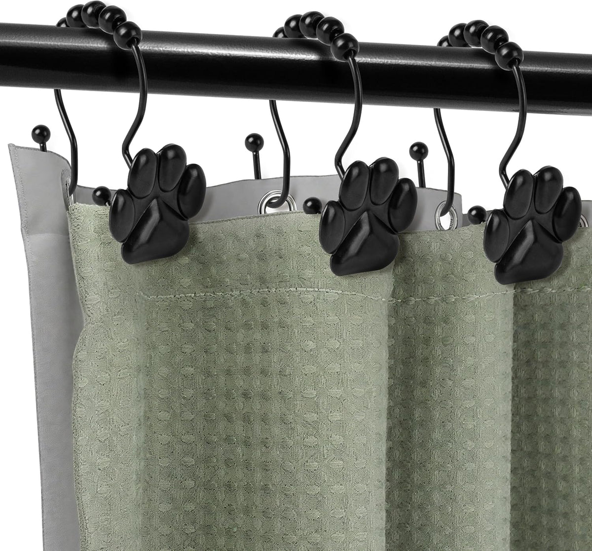 Sunlit Fashion Design Cute Paw Print Polished Double Shower Curtain Hooks for Dog Cat and Bear, Rust Proof Oil Metal Shower Curtain Rings, Black-12 Pack