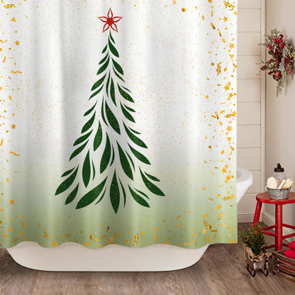 Sunlit Christmas Shower Curtain, Green Xmas Pine Tree with Red Star Ornament Holiday Floral Holly Berries Decorations Festive Bathroom Fabric Shower Curtain, Home Decor Tapestry, 72" x 72"