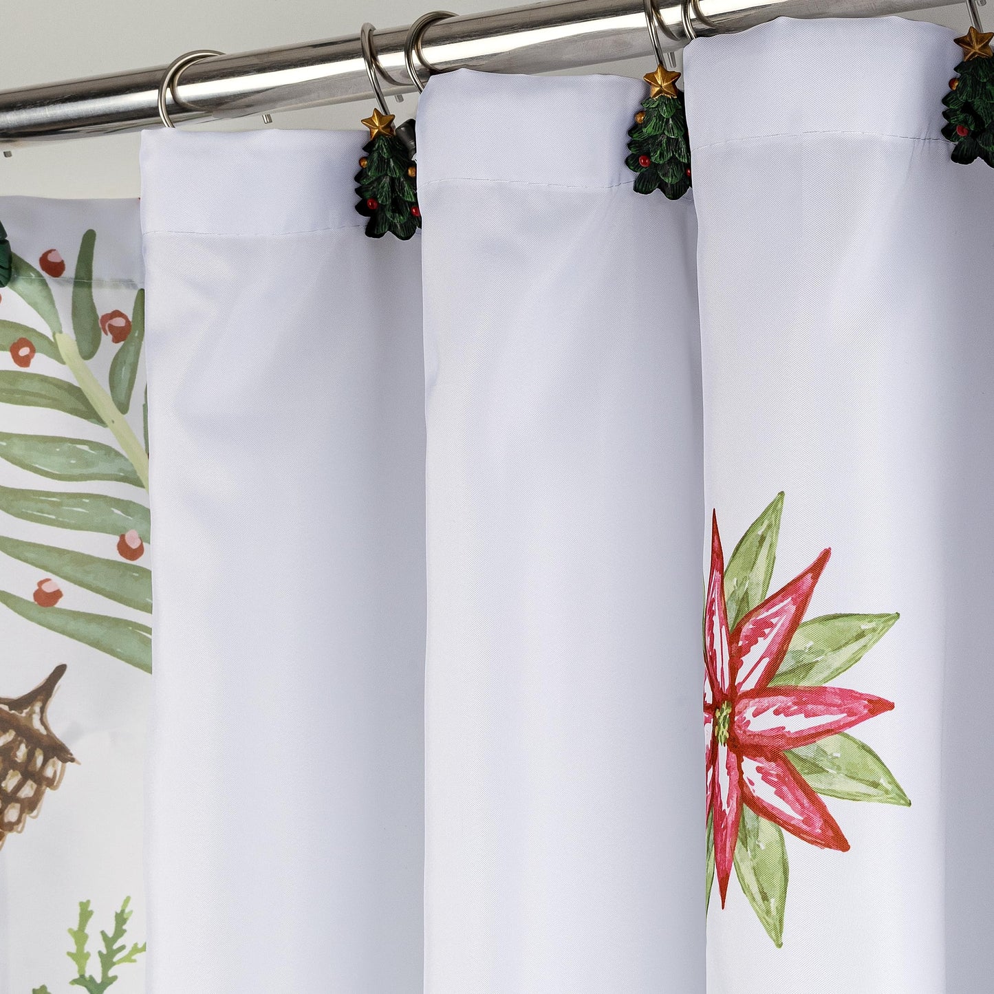 Sunlit Christmas Shower Curtain, Green Xmas Pine Tree with Red Star Ornament Holiday Floral Holly Berries Decorations Festive Bathroom Fabric Shower Curtain, Home Decor Tapestry, 72" x 72"