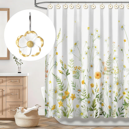 Sunlit Flower Shower Curtain Hooks, Home Decorative Shower Curtain Rings for Bathroom, Resin, White with Gold Edges Floral Shower Curtain Hanger Hooks for Living Room, Set of 12