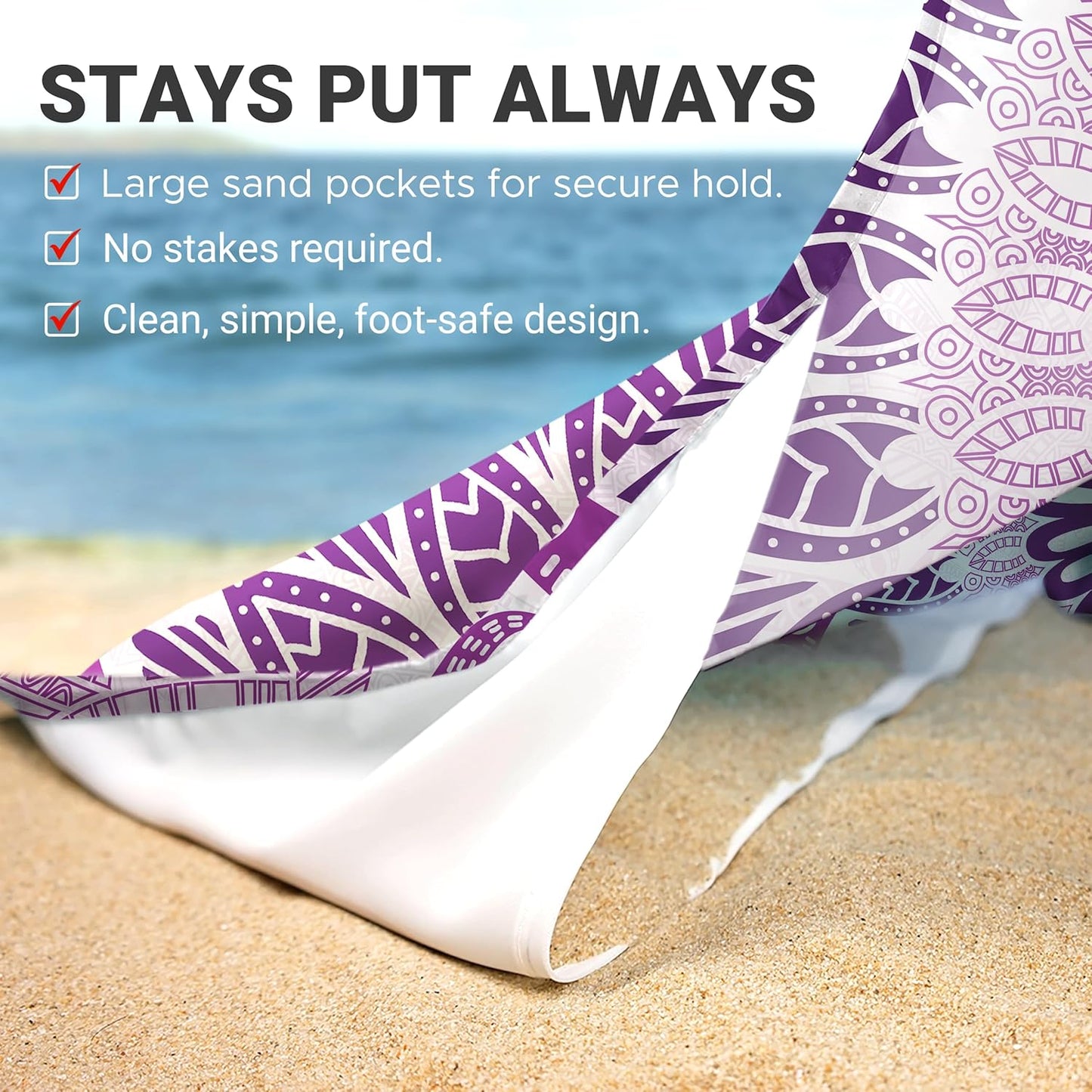 Sunlit Silky Soft 81"x106" Sand Proof Beach Blanket Sand Proof Mat with Corner Pockets and Fashion Mesh Bag for Beach Party, Travel, Camping and Outdoor Music Festival, Boho Lilac Mandala