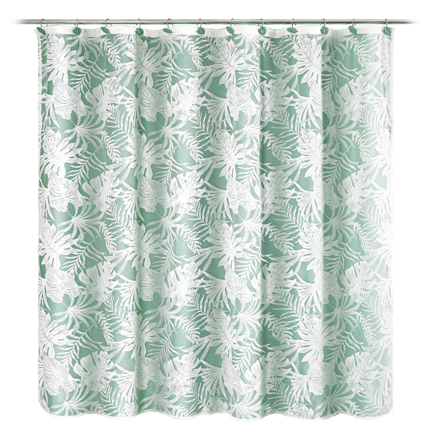 White Palm Leaves Fabric Shower Curtains with Green Liner, Tropical Leaf Detachable Double Layer Shower Curtain for Bathroom, Water-Repellent Home Bathroom Decor, 71x71 Inch