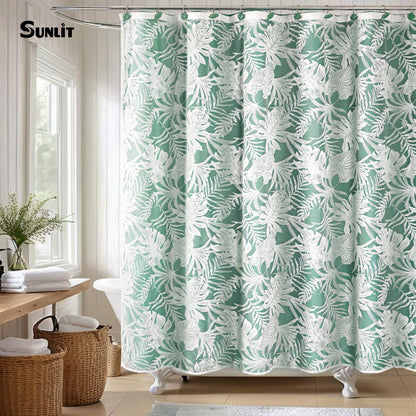 White Palm Leaves Fabric Shower Curtains with Green Liner, Tropical Leaf Detachable Double Layer Shower Curtain for Bathroom, Water-Repellent Home Bathroom Decor, 71x71 Inch