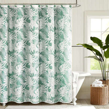 White Palm Leaves Fabric Shower Curtains with Green Liner, Tropical Leaf Detachable Double Layer Shower Curtain for Bathroom, Water-Repellent Home Bathroom Decor, 71x71 Inch