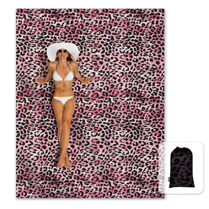Sunlit Large Cheetah Beach Blanket Waterproof Sand Proof, 81" x106" Sand Free Beach Mat with Corner Pockets and Storage Bag, for Travel Beach Camping Outdoor Festival, Black Pink Leopard