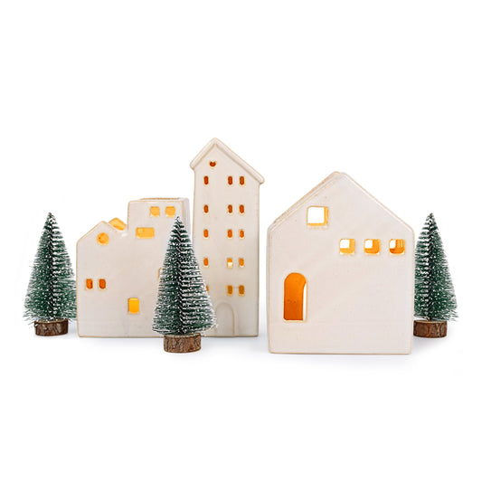 Sunlit Ceramic Christmas Village Sets of 3 Houses with 3 Tea Lights & 3 Frosted Trees, Christmas Decorations Indoor, Xmas Holiday Farmhouse Vintage Rustic Decor for Tabletop Mantle, Beige