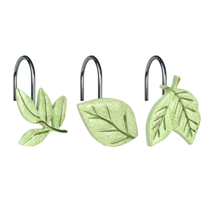 Light Green Plant Leaves Decorative Shower Curtain Hooks, Tropical Botanical Plam Tree Leaf Shower Curtain Rings for Bathroom, Resin, Cute Shower Curtain Hanger Hooks Bathroom Decor, Set of 12