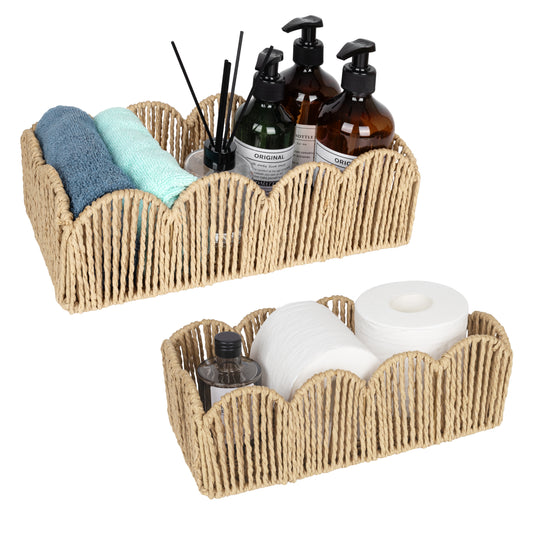 Sunlit Natural Fiber Farmhouse Storage Baskets, Hand Woven Bathroom Storage Boxes, Boho Toilet Paper Tank Basket, Decorative Storage Bins for Countertop, Bathroom Organizer Set of 2, Wavy, Beige