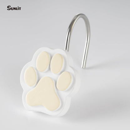 Sunlit Cute Paw Print Decorative Shower Curtain Hooks for Dog Cat Bear, Resin, Lovely Shower Curtain Rings for Kids, Bathroom Decoration Curtain, 12 Pack, White