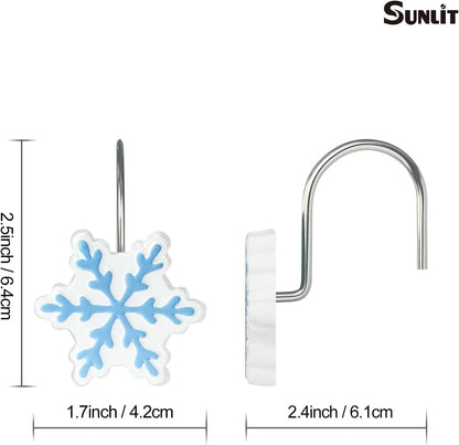 Sunlit Christmas Shower Curtain Hooks Silver Snowflakes Shower Curtain Rings, Resin, White Christmas Decor, Winter Bathroom Decoration - 12 Pack