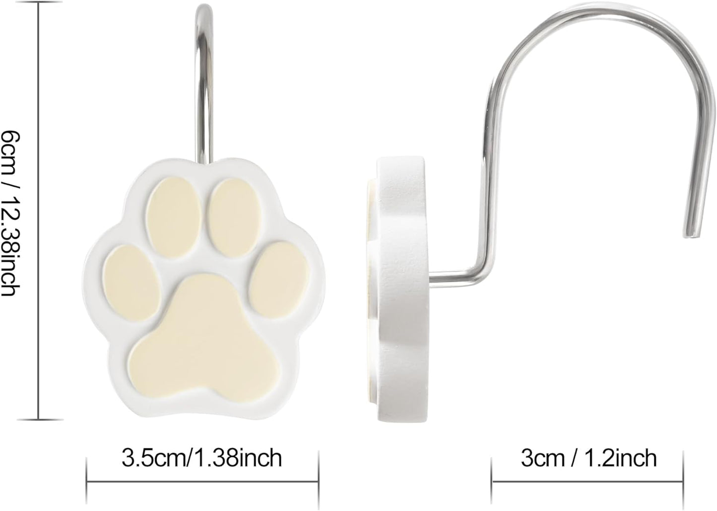 Sunlit Cute Paw Print Decorative Shower Curtain Hooks for Dog Cat Bear, Resin, Lovely Shower Curtain Rings for Kids, Bathroom Decoration Curtain, 12 Pack, White