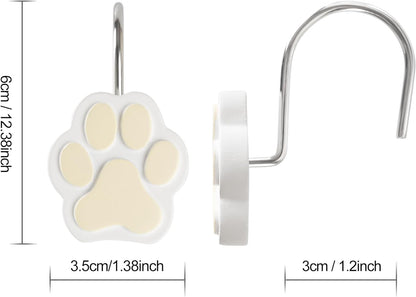 Sunlit Cute Paw Print Decorative Shower Curtain Hooks for Dog Cat Bear, Resin, Lovely Shower Curtain Rings for Kids, Bathroom Decoration Curtain, 12 Pack, White