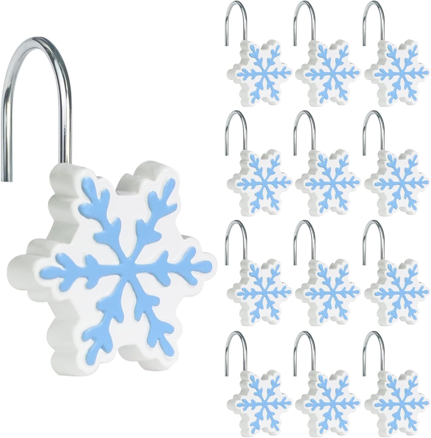 Sunlit Christmas Shower Curtain Hooks Silver Snowflakes Shower Curtain Rings, Resin, White Christmas Decor, Winter Bathroom Decoration - 12 Pack