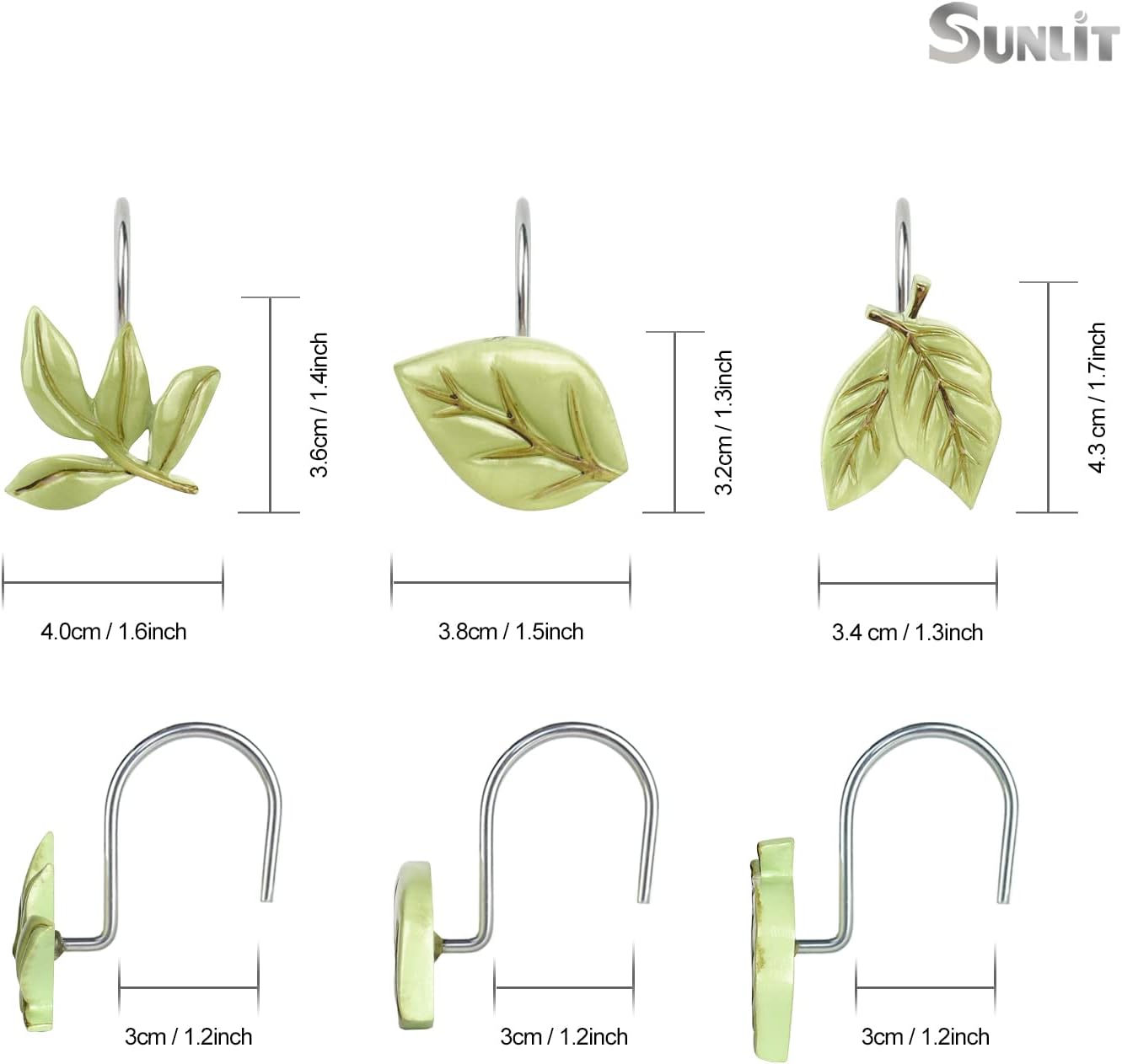 Light Green Plant Leaves Decorative Shower Curtain Hooks, Tropical Botanical Plam Tree Leaf Shower Curtain Rings for Bathroom, Resin, Cute Shower Curtain Hanger Hooks Bathroom Decor, Set of 12