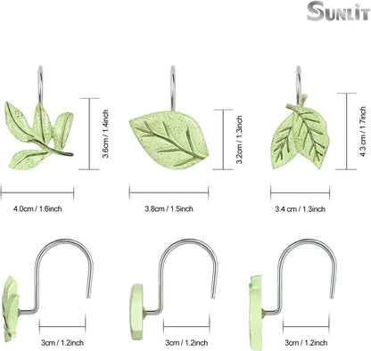 Light Green Plant Leaves Decorative Shower Curtain Hooks, Tropical Botanical Plam Tree Leaf Shower Curtain Rings for Bathroom, Resin, Cute Shower Curtain Hanger Hooks Bathroom Decor, Set of 12