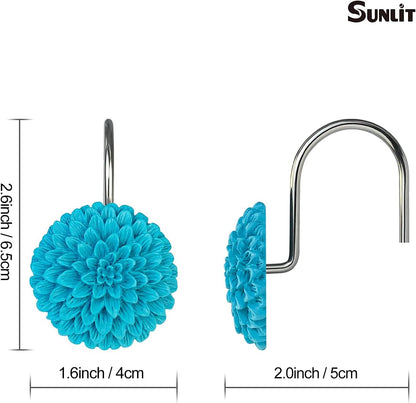 Sunlit Decorative Floral Shower Curtain Hooks, Turquoise Dahlia Pinnata Flower Shower Curtain Rings, Resin, Bathroom Decoration Blue Shower Curtain Hooks-12 Pack