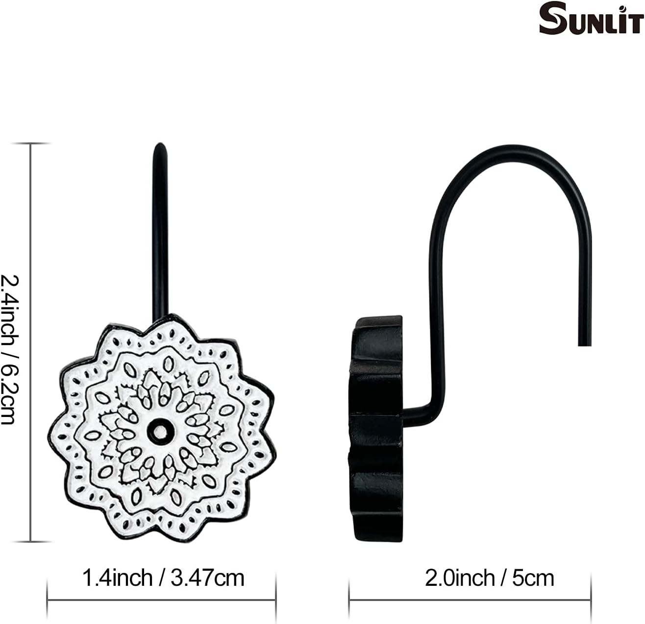 Sunlit Boho Decorative Shower Curtain Hooks, Medallion Black and White Shower Curtain Rings, Resin, Bathroom Decoration Boho Mandala Flower Shower Curtain Hooks-12 Pack