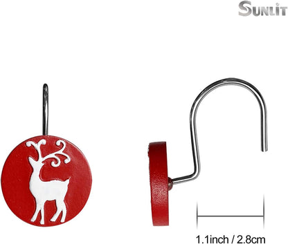 Sunlit Merry Christmas Shower Curtain Hooks White Reindeer Red Shower Curtain Rings, Resin, Winter Bathroom Decoration - 12 Pack