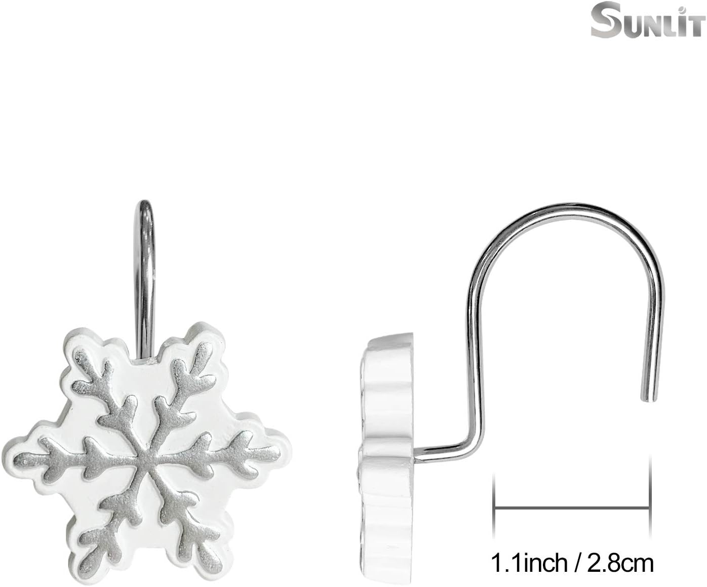 Sunlit Christmas Shower Curtain Hooks Silver Snowflakes Shower Curtain Rings, Resin, White Christmas Decor, Winter Bathroom Decoration - 12 Pack