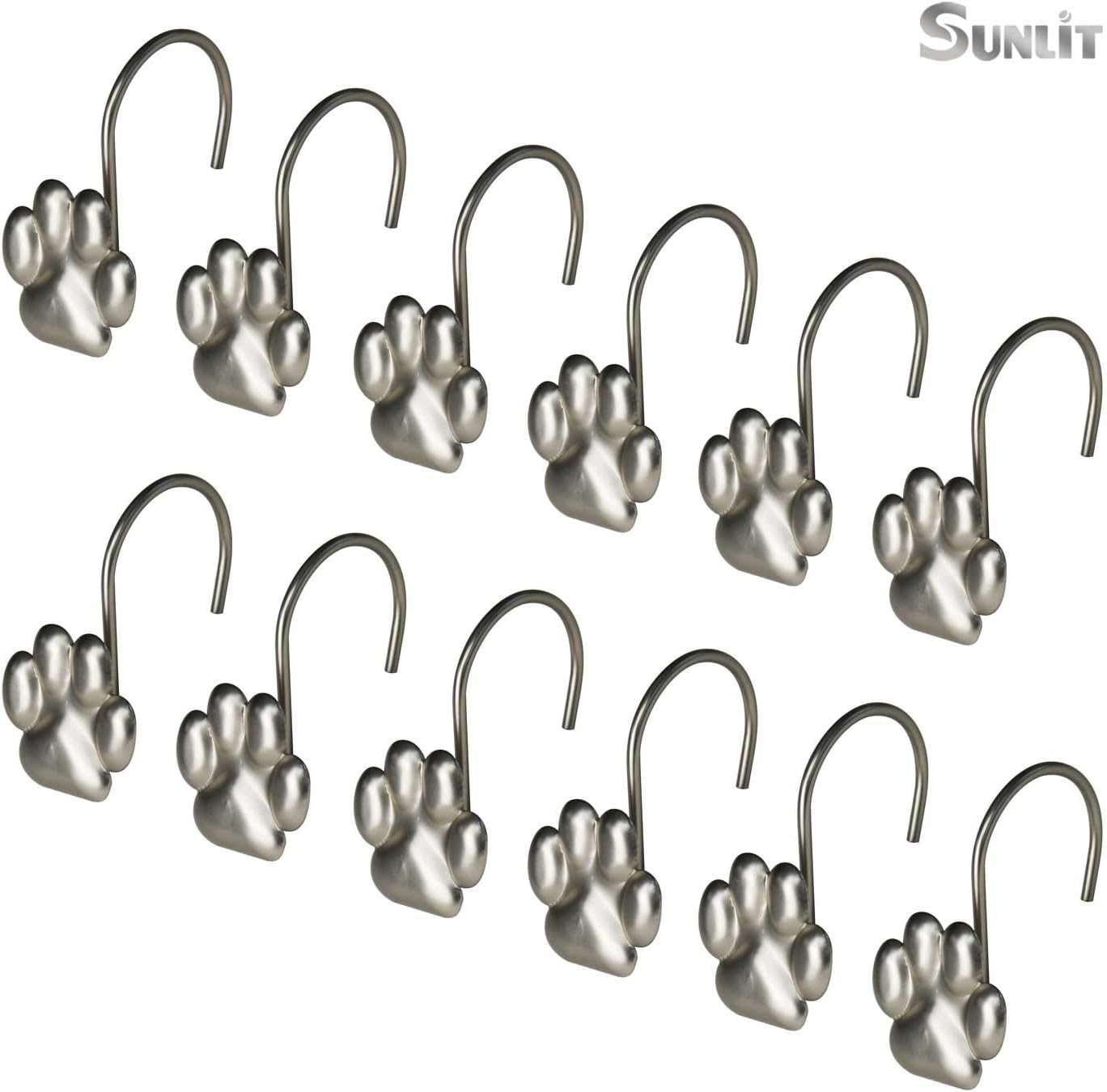 Sunlit Fashion Design Cute Paw Print Polished Shower Curtain Hooks for Dog Cat and Bear, Rust Proof Oil Rubbed Metal Shower Curtain Rings-12 Pack