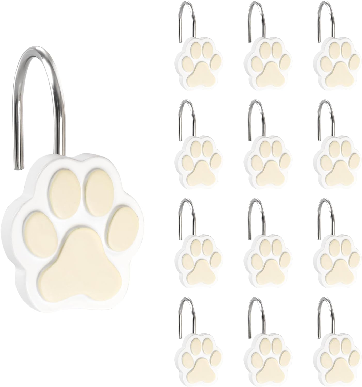 Sunlit Cute Paw Print Decorative Shower Curtain Hooks for Dog Cat Bear, Resin, Lovely Shower Curtain Rings for Kids, Bathroom Decoration Curtain, 12 Pack, White