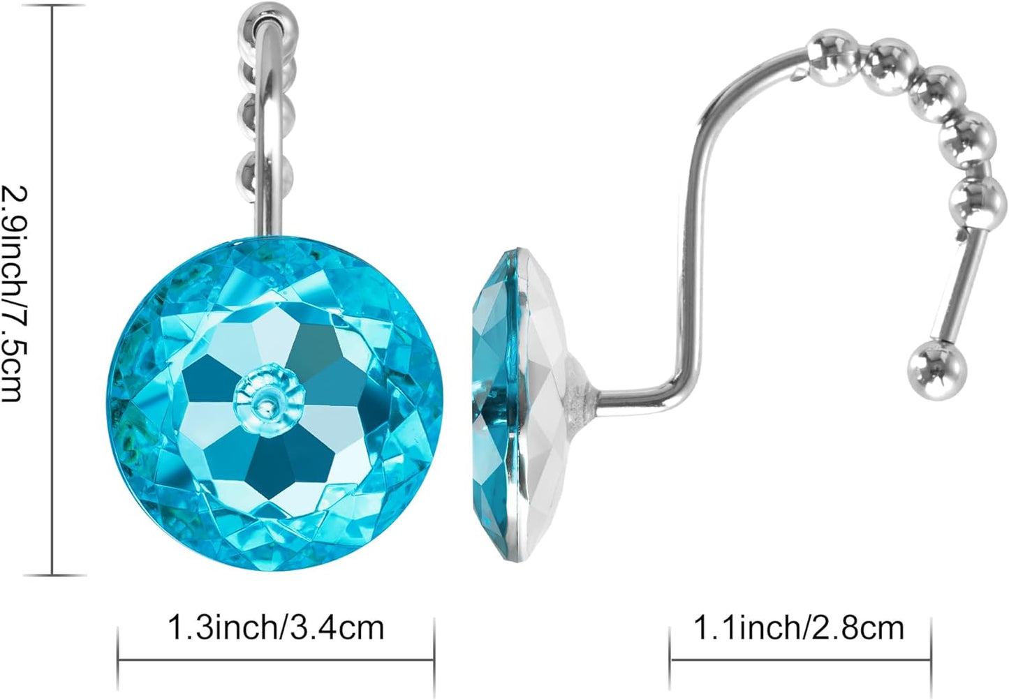 Sunlit Luxury Design Round Teal Blue Diamond Crystal Gem Bling with Glide Balls Shower Curtain Hooks for Mermaid Shower Curtains, Rust Proof Metal Rhinestones Glam Shower Curtain Rings-12 Pack