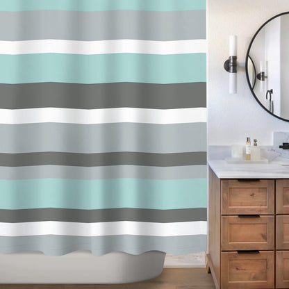 Sunlit Aqua Blue Gray Horizontal Stripes Water-Repellent Fabric Shower Curtain with Reinforced Metal Grommets Refreshing Striped Design Bathroom Decor