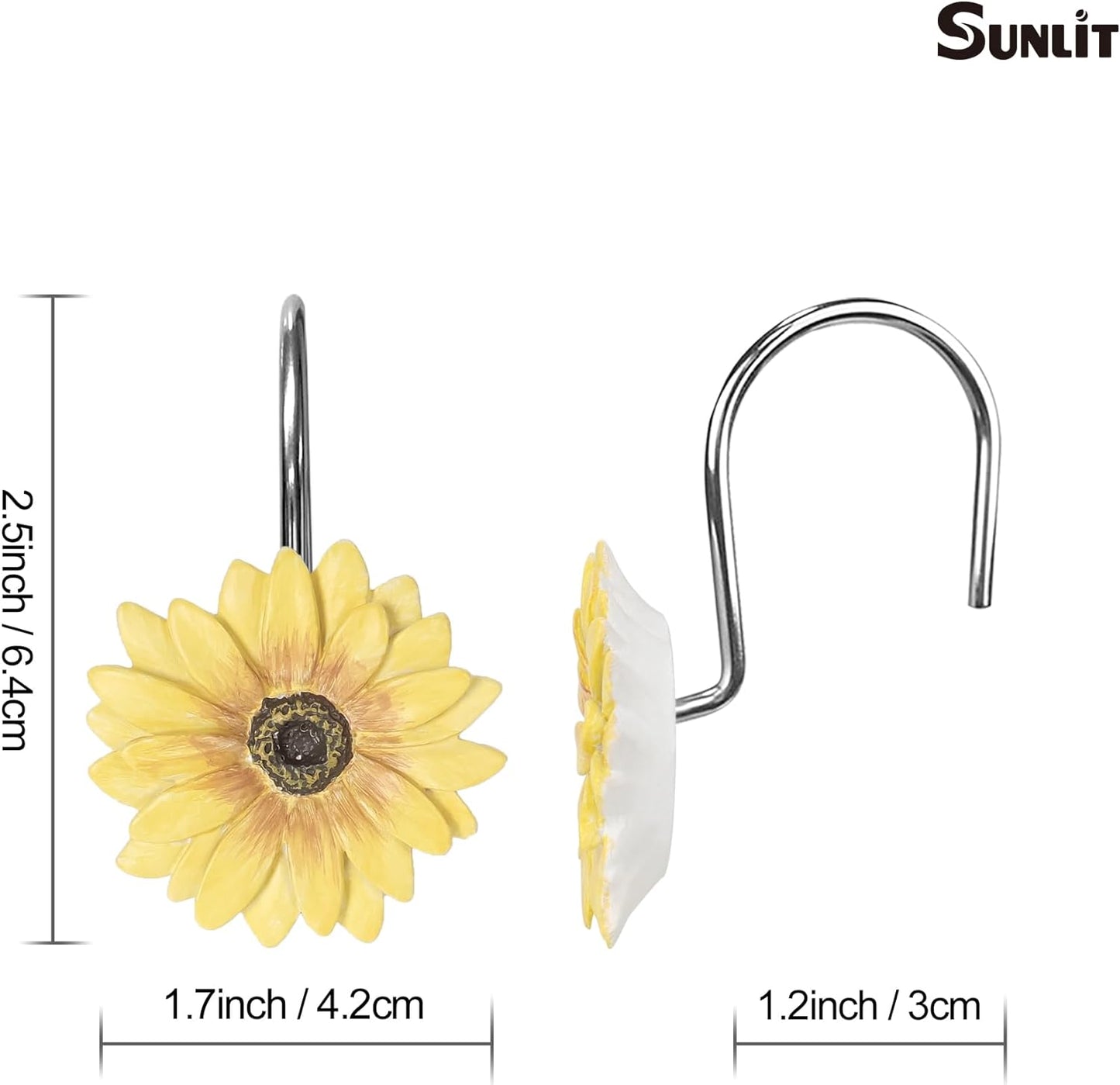 Sunlit Yellow Sunflower Shower Curtain Hooks, Home Decorative Shower Curtain Rings for Bathroom, Resin, Summer Floral Shower Curtain Hanger Hooks for Living Room, Set of 12