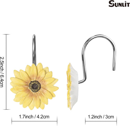 Sunlit Yellow Sunflower Shower Curtain Hooks, Home Decorative Shower Curtain Rings for Bathroom, Resin, Summer Floral Shower Curtain Hanger Hooks for Living Room, Set of 12