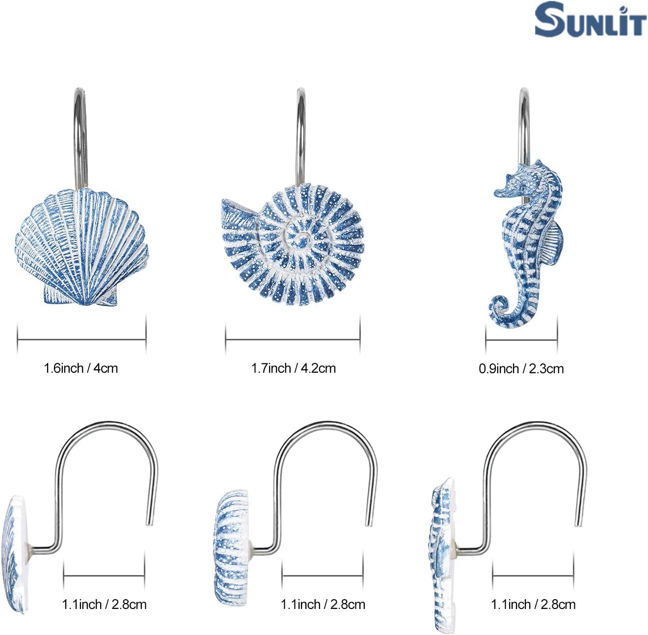 Sunlit Seashells Decorative Shower Curtain Hooks, Blue Ocean Creatures Coastal Shower Curtain Rings, Resin, Nautical Bathroom Decoration Beach Shower Curtain Hooks-12 Pack