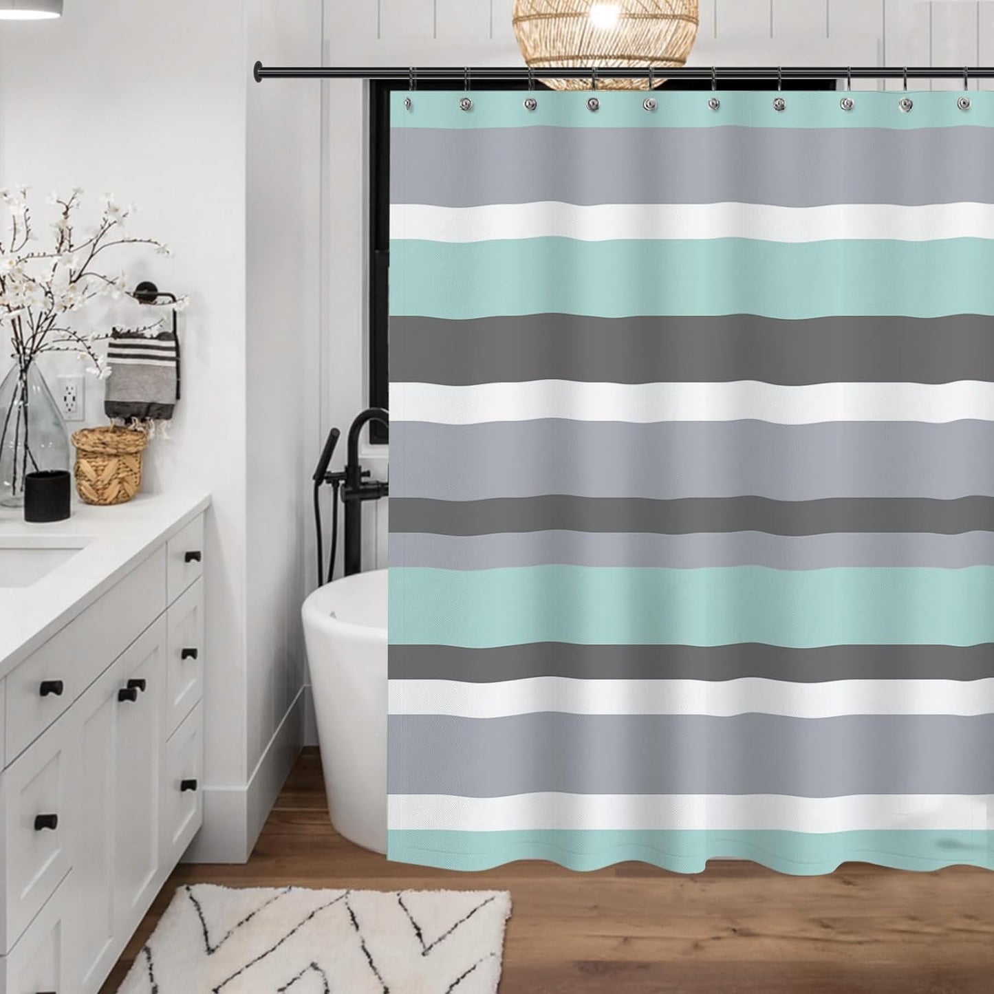 Sunlit Aqua Blue Gray Horizontal Stripes Water-Repellent Fabric Shower Curtain with Reinforced Metal Grommets Refreshing Striped Design Bathroom Decor