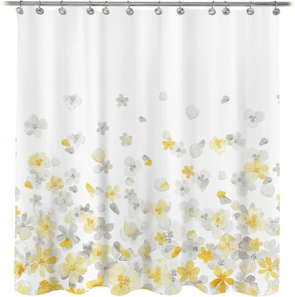 Sunlit Design Simple Style Blue and Gray Flower Blossoms Fabric Shower Curtains for Bathroom Decor with White Background, Machine Washable