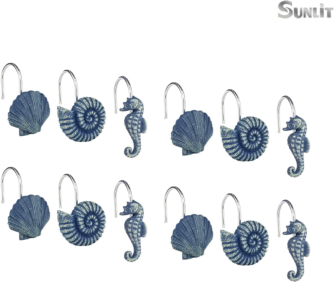 Sunlit Seashells Decorative Shower Curtain Hooks, Blue Ocean Creatures Coastal Shower Curtain Rings, Resin, Nautical Bathroom Decoration Beach Shower Curtain Hooks-12 Pack